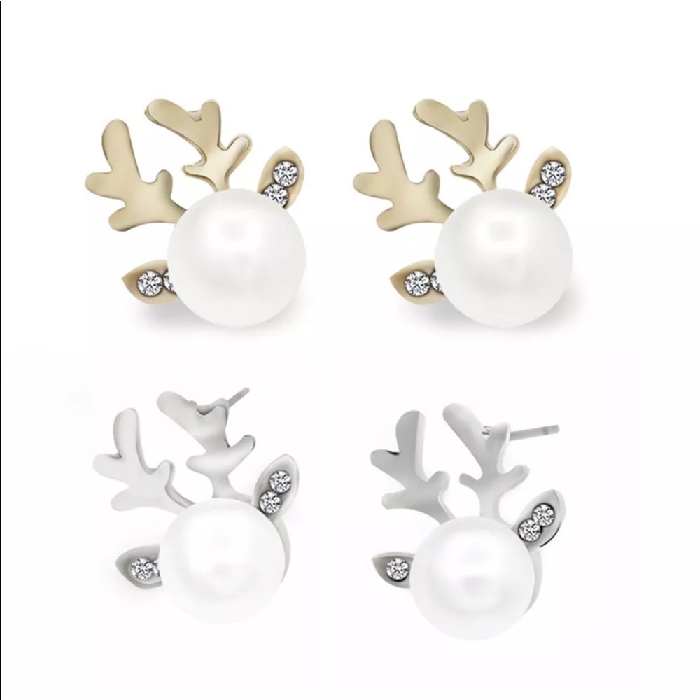 ✨”DASHER” GOLD REINDEER PEARL EARRINGS-NEW✨ - Picture 6 of 7